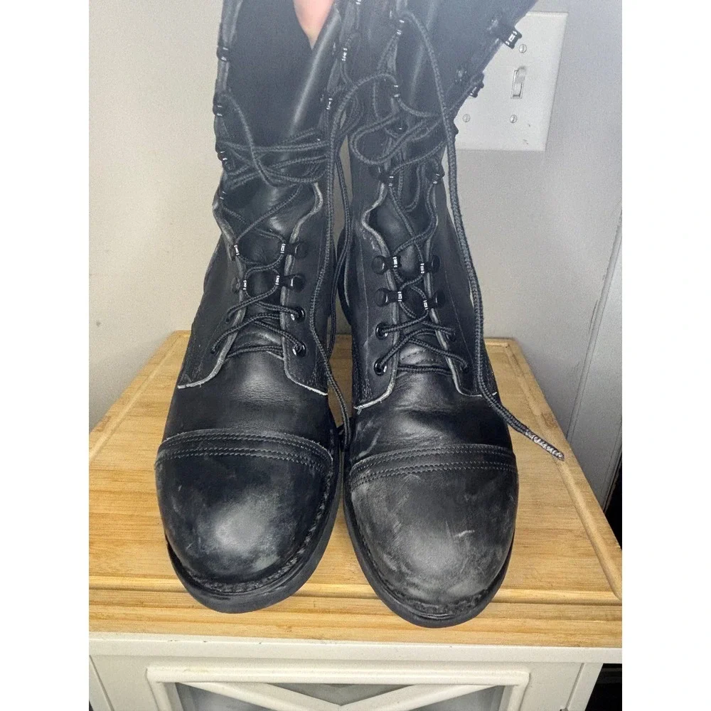 Vintage Mens Black Leather Combat Boots Cap Toe Military Style Lace Up Size 9 R
